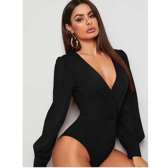 Black Elegant V neck Bodysuit Long Bishop Sheer Sleeves - Picture 2 of 8